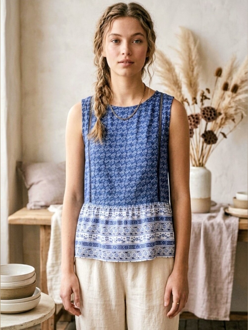 MANGO Blue Floral Print Sleeveless Peplum Top Size S | Crochet Detail Boho Tank